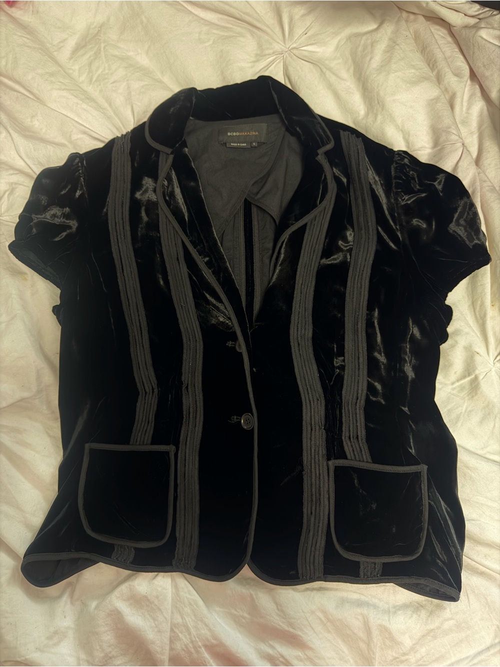 BCBGMAXAZRIA Black Velvet Short-Sleeve Blazer Silk/Rayon